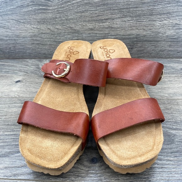 Yokono Women's Brown Leather Wedge Sandals Size 9 Made in Spain - Picture 3 of 8